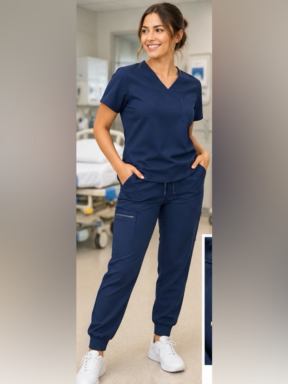 Miss Popular Navy Blue Scrub Set XL V Neck Top Jogger Pants